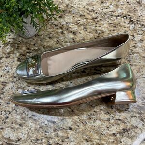 Tory Burch Gigi Mirrored Silver Metallic Leather Block Heel Pump 8.5M